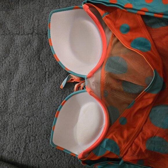 Blue and orange polkadot strapless bikini top - Picture 2 of 4